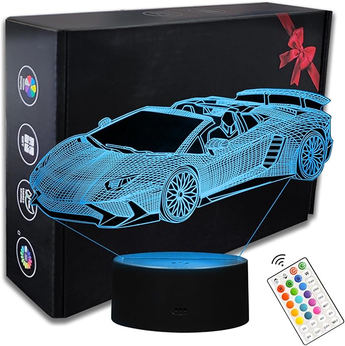 16 Colors Car Night Light, 3D LED Night Lamp for Boys - Racing Cars Themed Bedroom Lamps, Optical Illusion Lamp with Remote Control, Perfect for Kids' Room Décor, Cool Gifts for Car Lovers