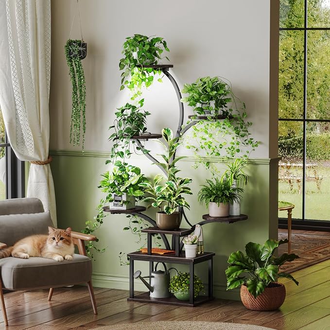 51 Inch Plant Stand with Grow Lights, 8 Tiered Indoor Plant Shelf | Plant Rack with Larger Flower Holder, Curved-tubed Design, 3 Light ModesCorner, for Living Room, Walnut