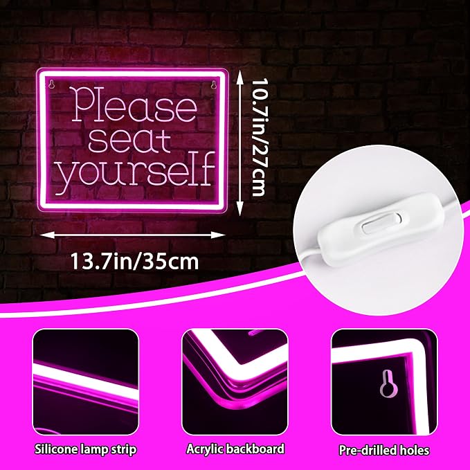 Please Seat Yourself Neon Sign for Wall Decor | Dimmable pink neon light, restroom bathroom wall decor, decorative sign for home commercial , size 13.8*10.7 in