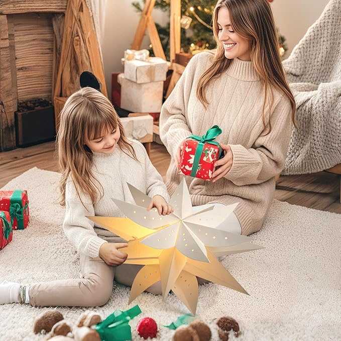 Lewondr Christmas Paper Star Lantern, 2PCS Hanging Star Lights with 8 Lighting Modes, 4 Levels Dimming, 6 Hour Timer Function, LED Paper Lanterns with Remote Control for Holiday Home Decoration