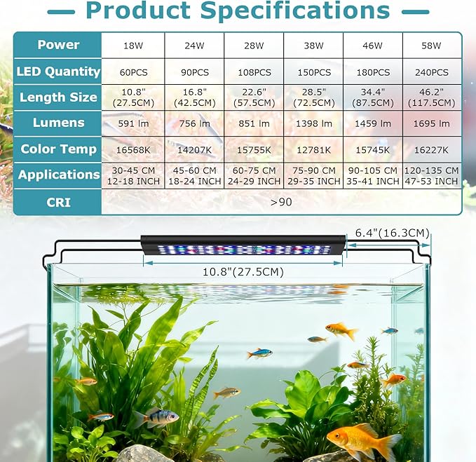 hygger 18W LED Aquarium Light, 24/7 Mode Fish Tank Light with Timer, IP68 Waterproof Full Spectrum Aquarium Plant Lights, Adjustable Brightness Extendable Bracket Memory Function for Freshwater
