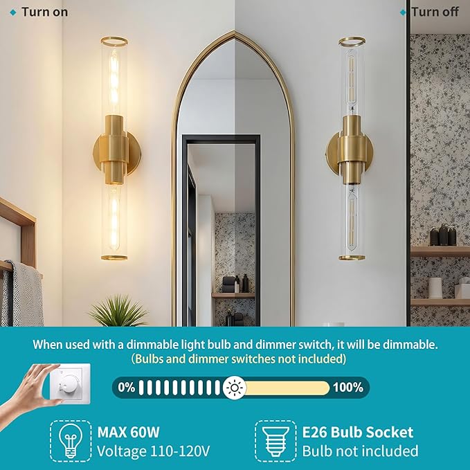 Gold Wall Sconce 2 Pack Hardwired, Bathroom Light Fixtures Clear Glass Featuring Two E26 sockets, Vanity Lights Fixtures for Bathroom, Dimmable - Bulb Not Included, UL Certification