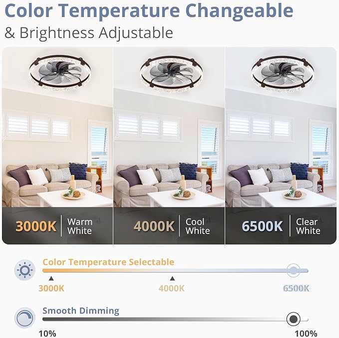 LEDIARY 2 Pack 24" Ceiling Fans with Lights and Remote, Fandelier Brown | 3CCT, 6 Speeds, Dimmable Low Profile, Flush Mount Ceiling Fan, Timer, Reversible, Memory, Bedroom, Living Room, Kitchen