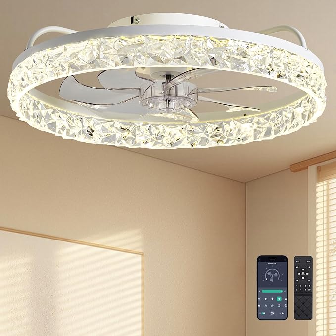 Ceiling Fans with Lights and Remote Fandelier - 20'' Flush Mount Crystal & White Low Profile Modern Ceiling Fans for Bedroom - Stepless Color Temperature and 6 Speeds