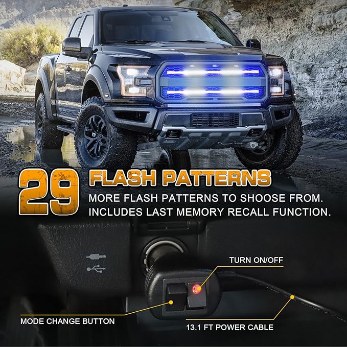 XRIDONSEN 2PCS 30 inch Blue White Grill Emergency Lights Strip 360 LED Tailgate/Rear Window/Grille Strobe Lights Flashing Warning Safety First Responder Lights for Firefighter Police Vehicles Trucks