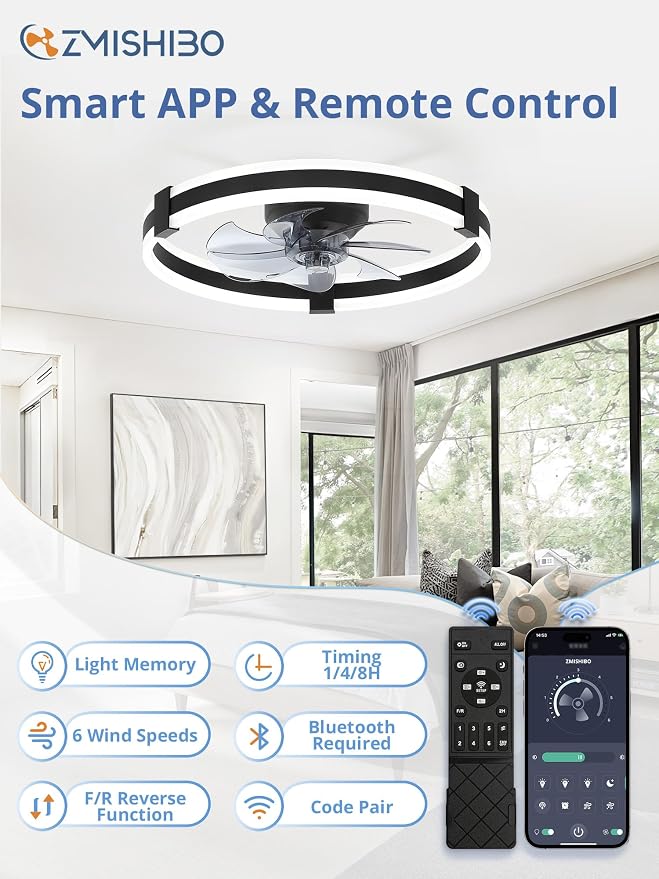 ZMISHIBO 23" Low Profile Fandelier LED Ceiling Fans with Lights and Remote | 3CCT Dimmable, 6 Speeds, Remote/App Control, Reversible DC Motor, Memory, Timer, Small Modern Fandelier for Kids/Bedroom