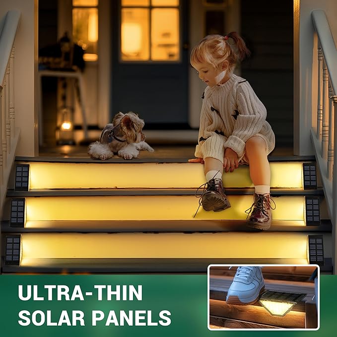 6 Pack Solar Step Lights for Outside, 24 LEDs Solar Stair Lights Waterproof IP65, Solar Deck Lights Outdoor Decor for Garden, Porch, Pathway, Patio, Fence, Balcony(Warm White)