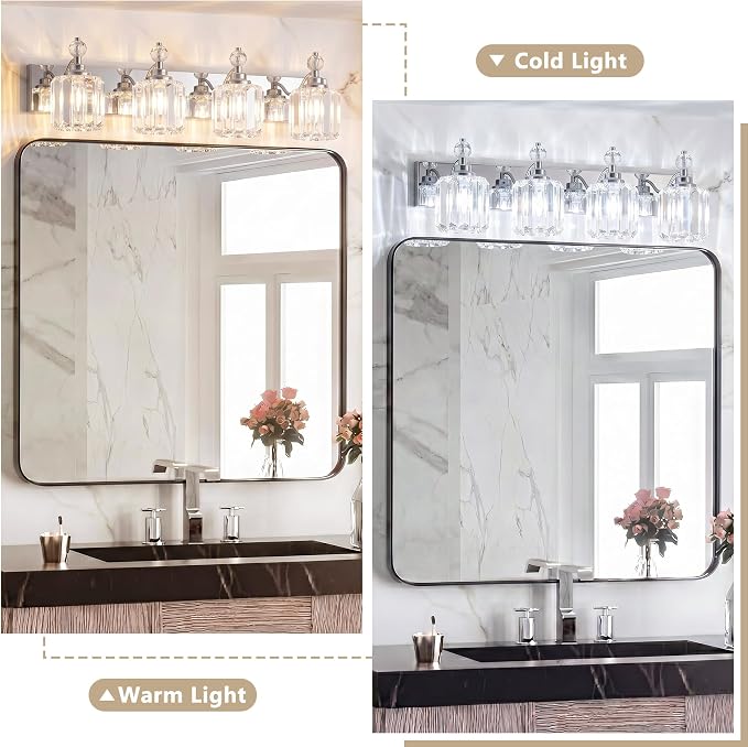 Chrome Light Fixtures, 4 Light Bathroom Vanity Light with 42pcs Crystal Sheet, 30in Modern Vanity Light, Bathroom Lighting Fixtures Over Mirror
