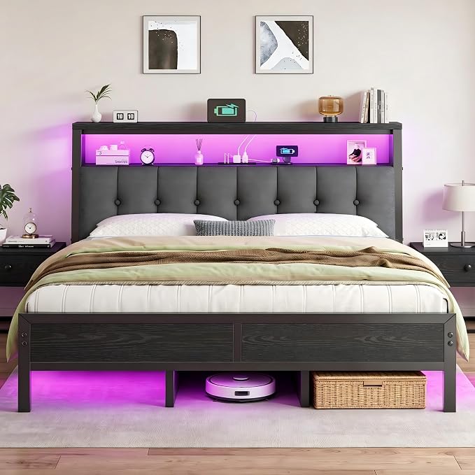Homkdom King Bed Frame Upholstered Storage Headboard,Charging Station,Black | LED Lights, 12" Under-Bed Storage, 2 AC Outlet&2 USB, Noise-Free,Easy Assembly,No Box Spring Needed,1100 lbs