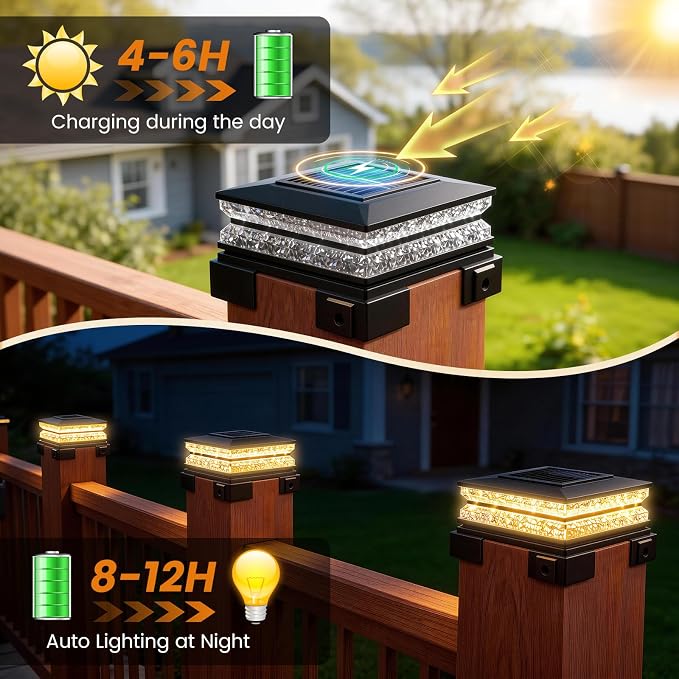 APONUO Solar Post Cap Lights Outdoor, 3 CCT& 2 Brightness Deck Post Lights Solar Powered for 4x4 5x5 6x6 Vinyl Wooden Posts, Waterproof Dusk to Dawn Fence Deck Lights for Patio Garden, Black, 12-Pack