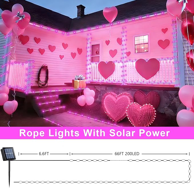 QITONG Pink Solar Rope Lights Outdoor, 66ft 200 LED String Light, 8 Modes Fairy Lights in Clear Thin Tube with 8 Modes