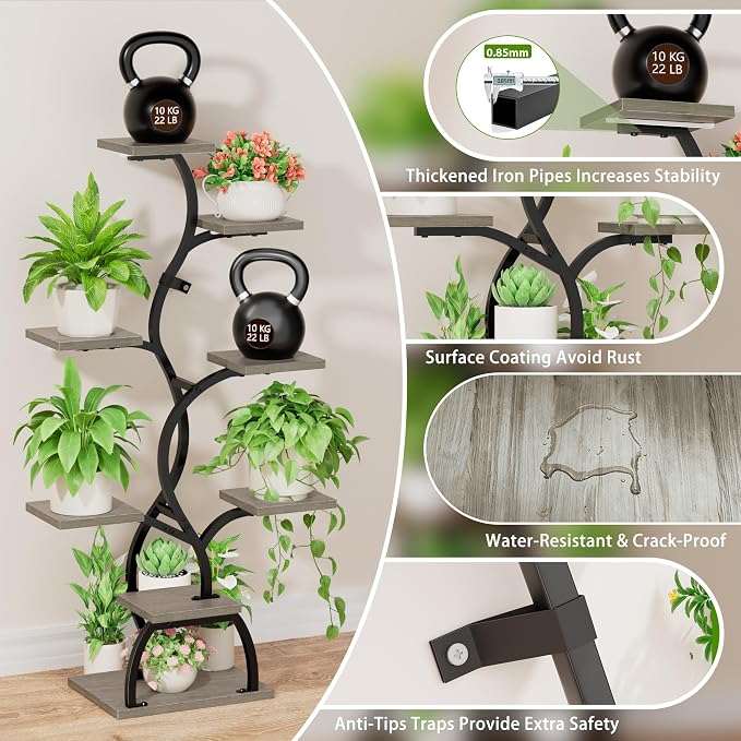 Plant Stand Indoor with Grow Light - 8 Tiered Corner Plant Shelf Indoor | 49" Plant Holder with Lights for Indoor Growing, Tall Lighted Flower Stand for Living Room, Balcony, Gray