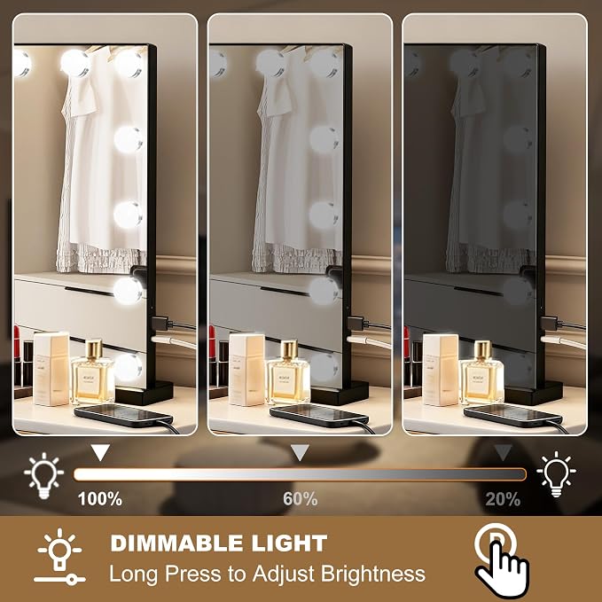 Ratsamee Black Hollywood Vanity Mirror with Lights, 17 Dimmable Bulbs, 3 Color Lights,Make Up Lighted Mirror, Aluminum Metal Frame, USB Charging Port（26" x 20"）