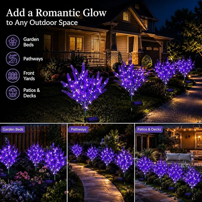 Lavender Solar Garden Lights, 6 Pack Outdoor LED Flowers | 6 purple lavender solar flowers with LEDs; auto on/off, IP65 waterproof stakes for pathway, yard, patio and Halloween decor