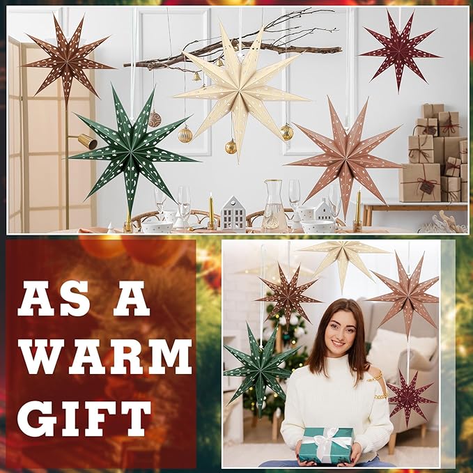 5 Set 3D Paper Star Lantern - 9 Pointed Hanging Star Lampshade for Xmas Wedding Birthday Party Decor(Brown, Green, Beige, Red, 24 Inch)