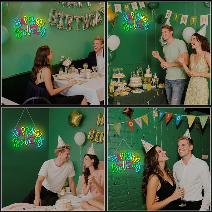 WLHOPE Happy Birthday Neon Sign Led Lights for Party Wall Decor Transparent Acrylic Board Light Signs for Club Children Friends Gift Decoration