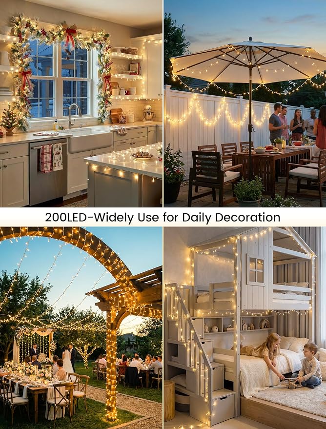 98FT 200 LED Warm White Christmas Fairy Twinkle String Lights Indoor | Remote Control, 8 Modes with Memory, 4 Dimmable Brightness, 3 speed levels, Connectable, IP65 Waterproof, Transparent Wire