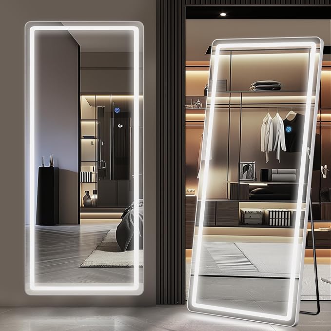 Antok LED Full Length Mirror with Light, 56"x20" Lighted Full Body Mirror with Stand, Dimmable & 3 Color Lighting Standing/Leaning/Wall Mounted Vanity Mirror for Bedroom Cloakroom Livingroom(Rect)