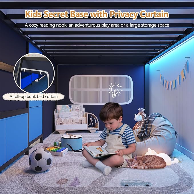 DICTAC Low Loft Bed with Desk and 6 Storage Drawers Twin Loft Bed with Bookshelf,LED Lights & Under-Bed Play Space,Kids Twin Beds with 13.8''H Safety Guardrail,Inclined Ladder&Play Curtain,Blue+Black