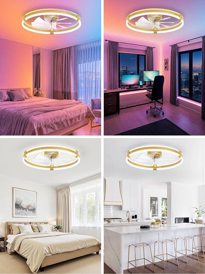 ZMISHIBO 23" RGB Low Profile Ceiling Fans with Lights and Remote, Gold | Custom RGB+3CCT Dimmable, 6 Speeds, Remote/App Control, Reversible DC Motor, Memory, Timer, Modern Fandelier for Kids/Bedroom