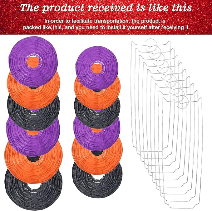 Tenare 12 Pcs Traditional Round Paper Wedding Lantern 4 Size 4, 6, 8, 10 Inch Decorative Ball Hanging Chinese Japanese Paper Lantern for Birthday Party(Black, Orange, Purple)
