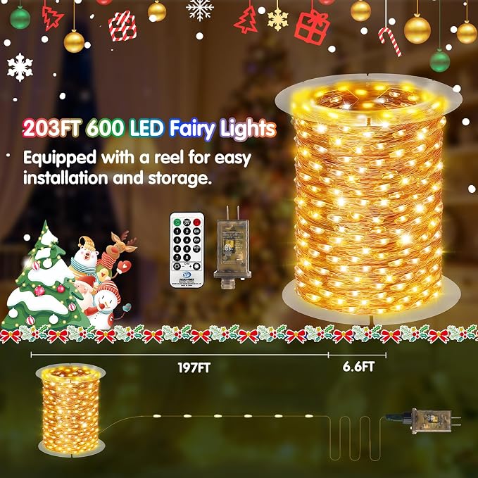 KNONEW 532FT 1600LED Outdoor Fairy Lights Plug in Warm White Xmas Decor | Timer, Memory, Dimmable, Remote, Waterproof, Copper Wire, Flexible, for Garden, Wedding, Party, Indoor/Outdoor, Christmas