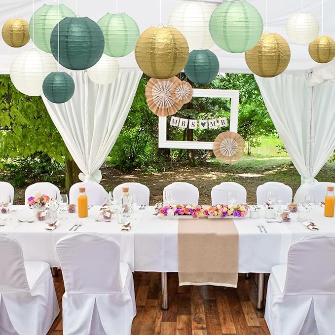 21Pcs Hanging Paper Lanterns, 4/6/8/10 Inch Sage Green and Gold Paper Lanterns Decorative, Hanging Lanterns for Wedding Birthday Baby Shower