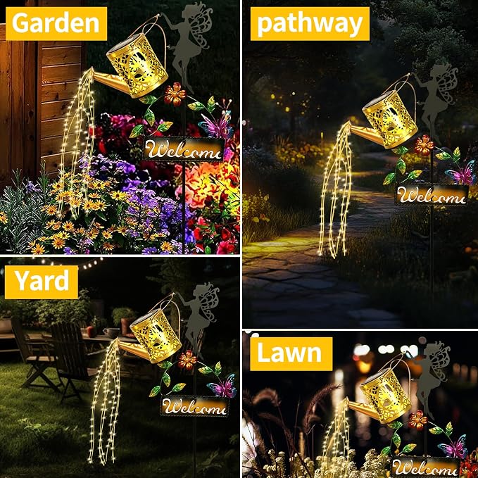 ZKLiLi Solar Hummingbird Watering Can Gifts with Lights,Outdoor Garden Fairy Welcome Sign Decor Waterproof for Patio Yard Porch Lawn Pathway Walkway Statues Gifts for Mom Grandma Women