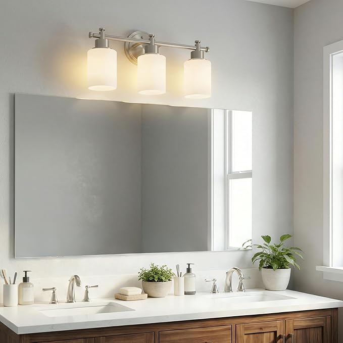 3-Light Bathroom Vanity Light Fixtures, Brushed Nickel Bathroom Wall Sconce, Modern Sliver Vanity Light with Milky White Glass Shade Over Mirror, Bathroom, Bedroom, E26 Base, 17 Inch