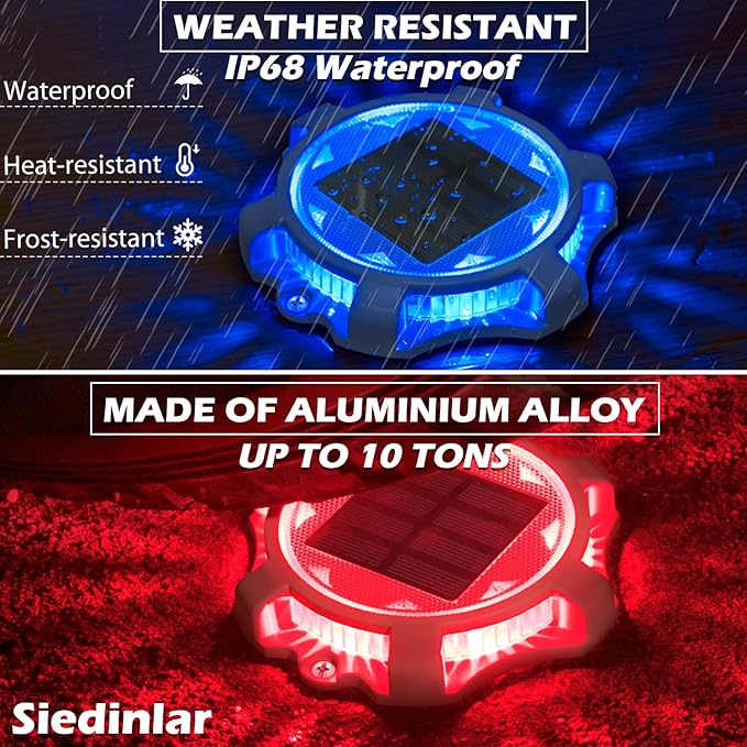 SIEDiNLAR Solar Deck Lights Outdoor 2 Modes LED Driveway Markers Dock Light Waterproof for Step Walkway Ground Stair Pathway Yard Road Garden 8 Pack (Blue/Red)