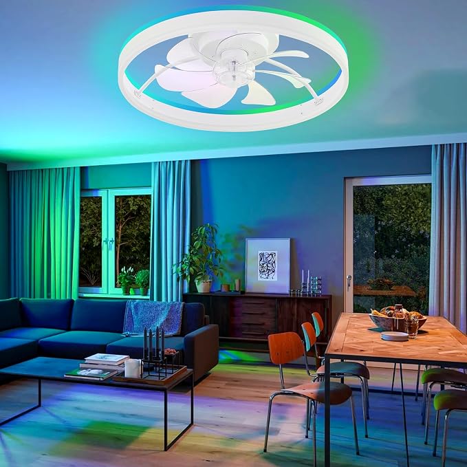 Smart Ceiling Fans with RGB Lights Remote - 20'' Flush Mount Low Profile Modern Ceiling Fans for Bedroom - Stepless Color Temperature and 6 Speeds