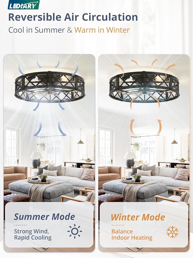 LEDIARY 23" Caged Farmhouse Ceiling Fan with Light, Flush Mount, Black | Remote&APP Control, Large Low Profile, Rustic Fandaliers, Industrial Bladeless Enclosed, Powerful Motor for Bedroom, Kitchen