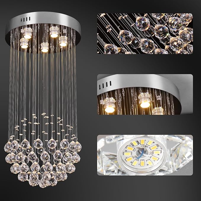 CLAIRDAI 15.7" Modern Crystal Raindrop Chandelier, Small Round Flush Mount Ceiling Light Fixture, Chrome Crystal Ceiling Light for Entryway, Dining Room, Bedroom, 5 x GU10 Bulbs Not Included
