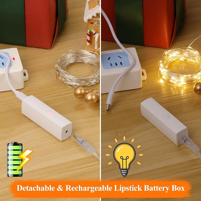 32FT 100 LED Warm White Fairy Lights, Rechargeable Type-C String Lights with 8 Modes Timer, Waterproof Battery Operated Twinkle Lights for Bedroom Wedding Party Centerpieces（16FT*2）