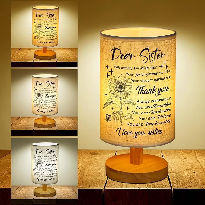 WSYEAR Sister Gifts for Women, Christmas Birthday Gifts for Sister,Table Lamp with Wooden Stand Anniversary Wedding Present for Girls