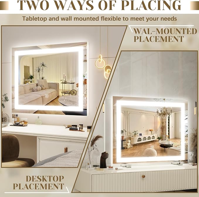 ROLOVE 22x20 Inch Lighted Vanity Mirror, 3 Color Modes, Dimmable, White | Large makeup mirror with touch-dimming LED lighting for dressing room, tabletop, or wall-mounted use