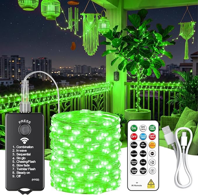 ZSJWL Rechargeable Fairy Lights with Remote，66ft 200 LED Outdoor Battery String Lights with DIY Timer & Light Sensor, Waterproof Dimmable Twinkle Light for Tree Christmas Indoor, Green