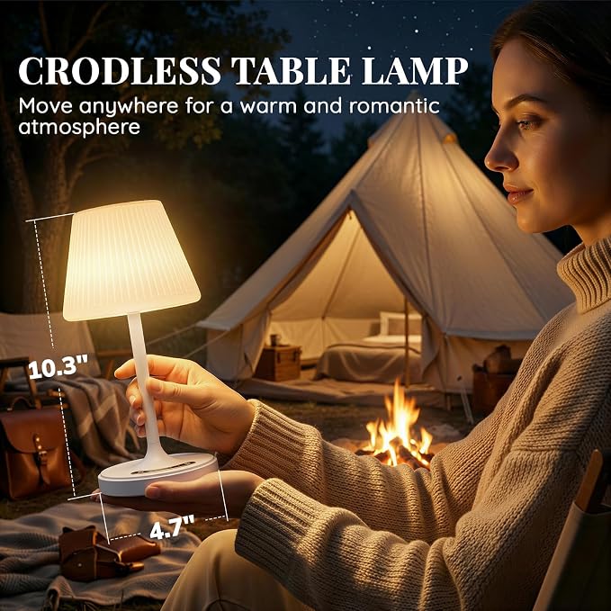 Waterproof Shower Lamp Outdoor Cordless Table Lamp, 3 Color Dimmable -White | touch dimmable, weighted base, bathroom shower light, patio dinner, RV camping, charge your phones, memory night light