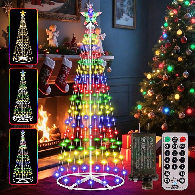 Forlivese 5FT Prelit Christmas Cone Tree Lights, 204 LED Small Lighted Christmas Tree Light with Remote, Timer, 11 Modes, Outdoor Christmas Tree for Yard Garden Decoration, Multicolor & Warm White