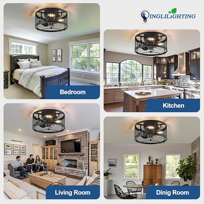 DLLT Caged Ceiling Fans with Light: 13" Small Outdoor Farmhouse Ceiling Fan with Remote App Control - Black Rustic Semi Flush Mount Bladeless Enclosed Fan for Bedroon Kitchen