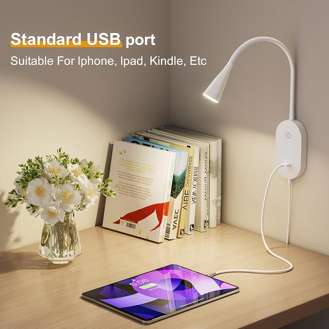 Wall Mount Reading Light, Focused Book Light for Reading in Bed, 5 Dimming, USB Output, 4 Hours Auto Off, Touch Control, Flexible Gooseneck Headboard Reading Lamp, Easy to Install White | Focused bedside light with touch dimming, flexible gooseneck, US...