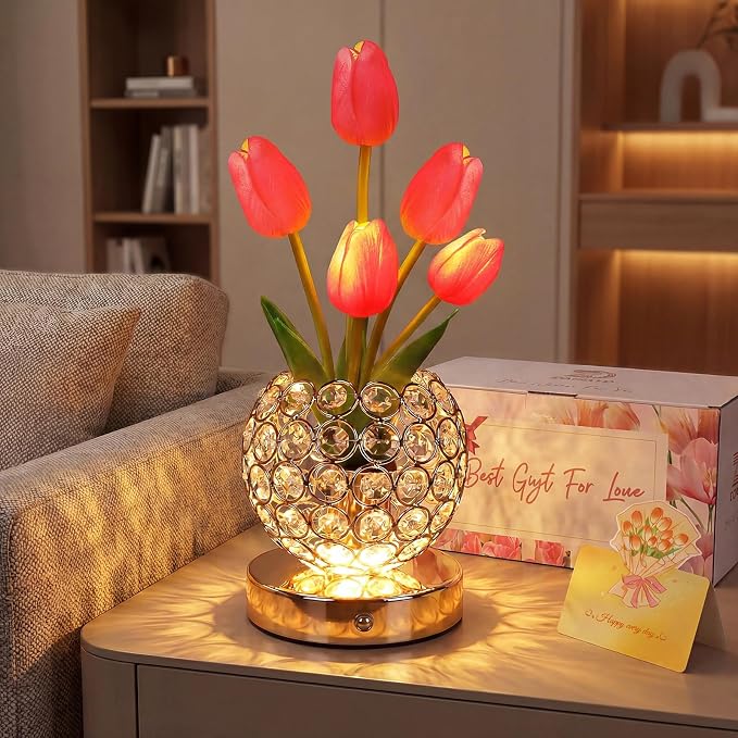 Birthday Gifts for Women Mothers Day Gifts/for Mom Tulip Table Lamp | 3 Color Crystal Flower Bedside Lamps Infinitely Dimming with USB Charge Small Night Light,Night stand Touch Lamp(red-tulip)