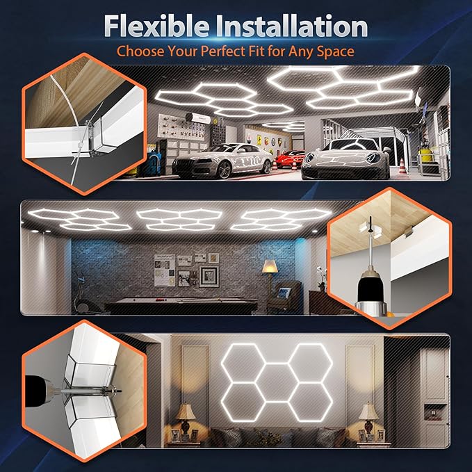 Hexagon Garage Lights 105W 12600LM, 6500K Ultra-Bright Hexagon LED Lights for Garage, 3 Grid Systems Honeycomb Hex Light for Workshop, Basement, Car Detailing, Gaming Room