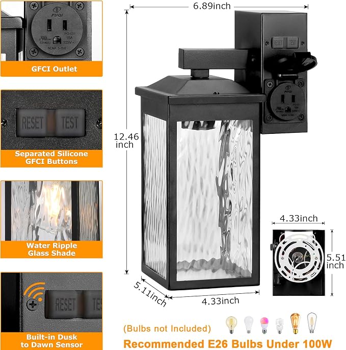 Porch Lights with GFCI Outlet, Dusk to Dawn Outdoor Wall Lighting with Water Rippled Glass Shade, Waterproof Exterior Light Fixture Black Outside Lights for House Front Door Garage Patio (E26 Base)