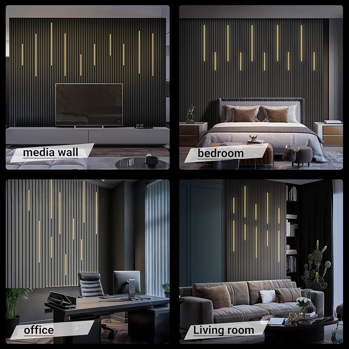 HAMRVL Black Wall Panel Lights - 10pcs 3000K Warm White Slat Wall Lights with Touch Control, Dimmable Self-Adhesive LED Recessed Lighting for Wood Slat Wall Panel, Media Wall, Bedroom, Living Room