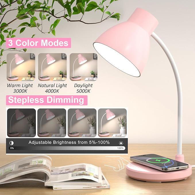 LED Desk Lamp for Home Office with Wireless Charger, Pink | 3 Color Modes Dimmable Eye-Caring Study Reading Dorm Desk Lamp, 360° Flexible Arm Table Lamp for College Dorm Room, 800 Lumen