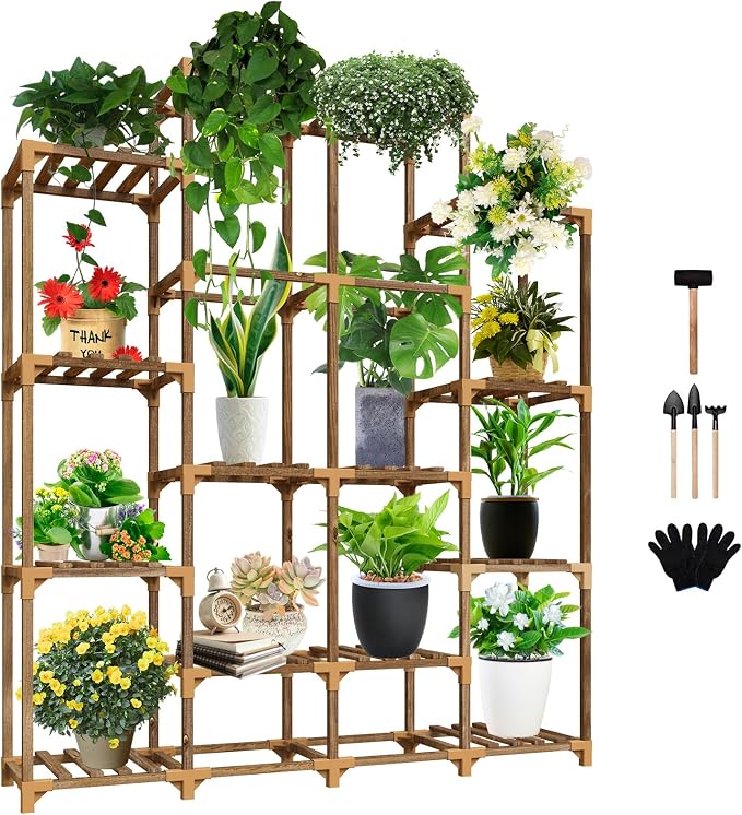 Tall Shelf for Multiple Plants Indoor Outdoor 14 Tiers 16 Pot Holder Large Rack Wood Stand Shelves for Room Corner Balcony Garden Patio