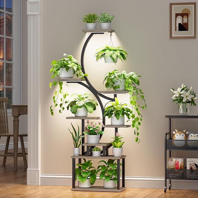 BACEKOLL Plant Stand Indoor with Grow Light, 8 Tier Corner Plant Shelf Tall | 62" Lighted Flower Holder for Plant Multiple, Space-Saving Beautiful Display Growing Rack for Home Patio, Sturdy Metal, Grey