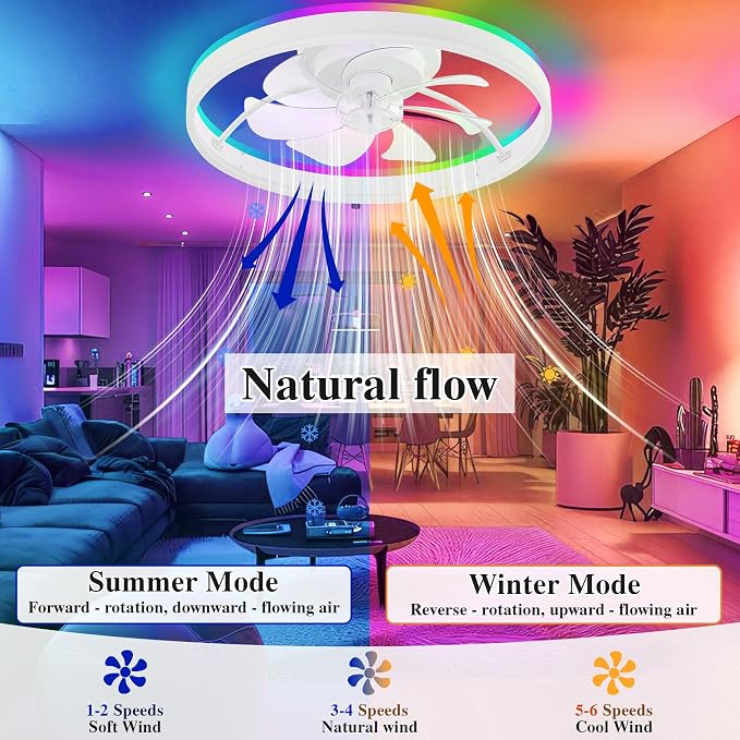 Smart Ceiling Fans with RGB Lights Remote - 20'' Flush Mount Low Profile Modern Ceiling Fans for Bedroom - Stepless Color Temperature and 6 Speeds