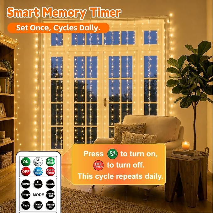 Curtain String Light, 300LED 9.8x9.8ft, Remote & 8 Modes, USB | Window Wall Hanging String Lights, For Bedroom, Wedding, Party, Home, Garden and Indoor Decorations, Warm White
